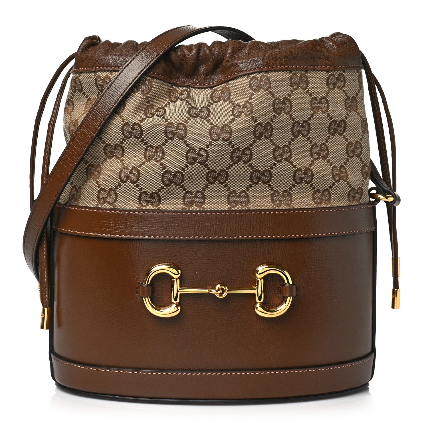 Gucci Monogram Textured Calfskin Horsebit 1955 Drawstring Bucket Bag Beige Brown Sugar 1 of 11
