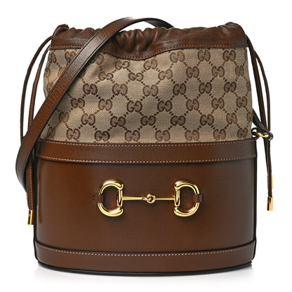 Gucci Monogram Textured Calfskin Horsebit 1955 Drawstring Bucket Bag Beige Brown Sugar 1 of 11