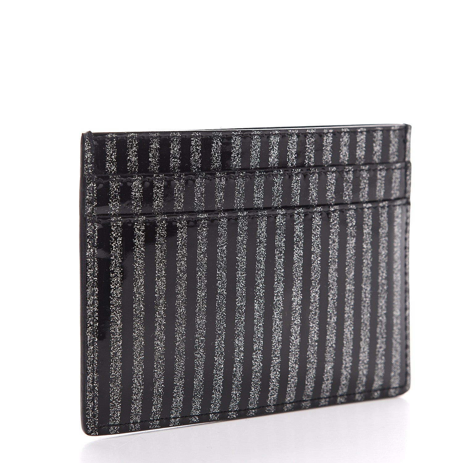 Saint Laurent Patent Glitter Striped Monogram Credit Card Case Black Silver 2 of 6