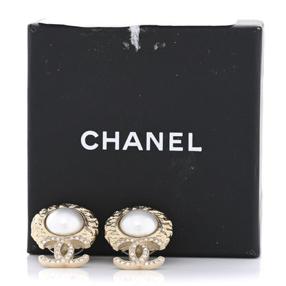 Chanel Crystal Pearl Textured CC Round Drop Earrings Gold 6 of 6