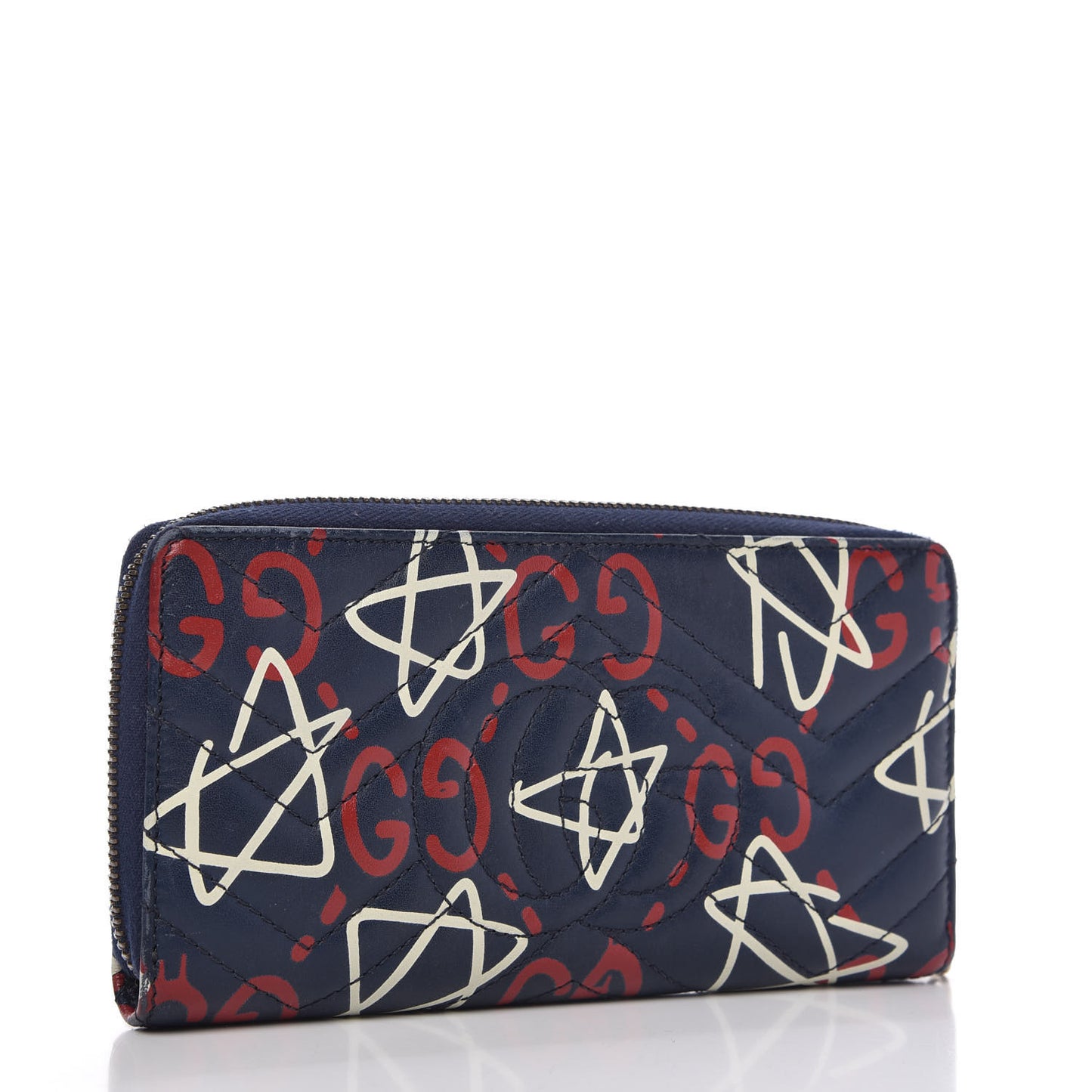 Calfskin Matelasse GucciGhost GG Marmont Zip Around Wallet Blue Agata Hibiscus Red