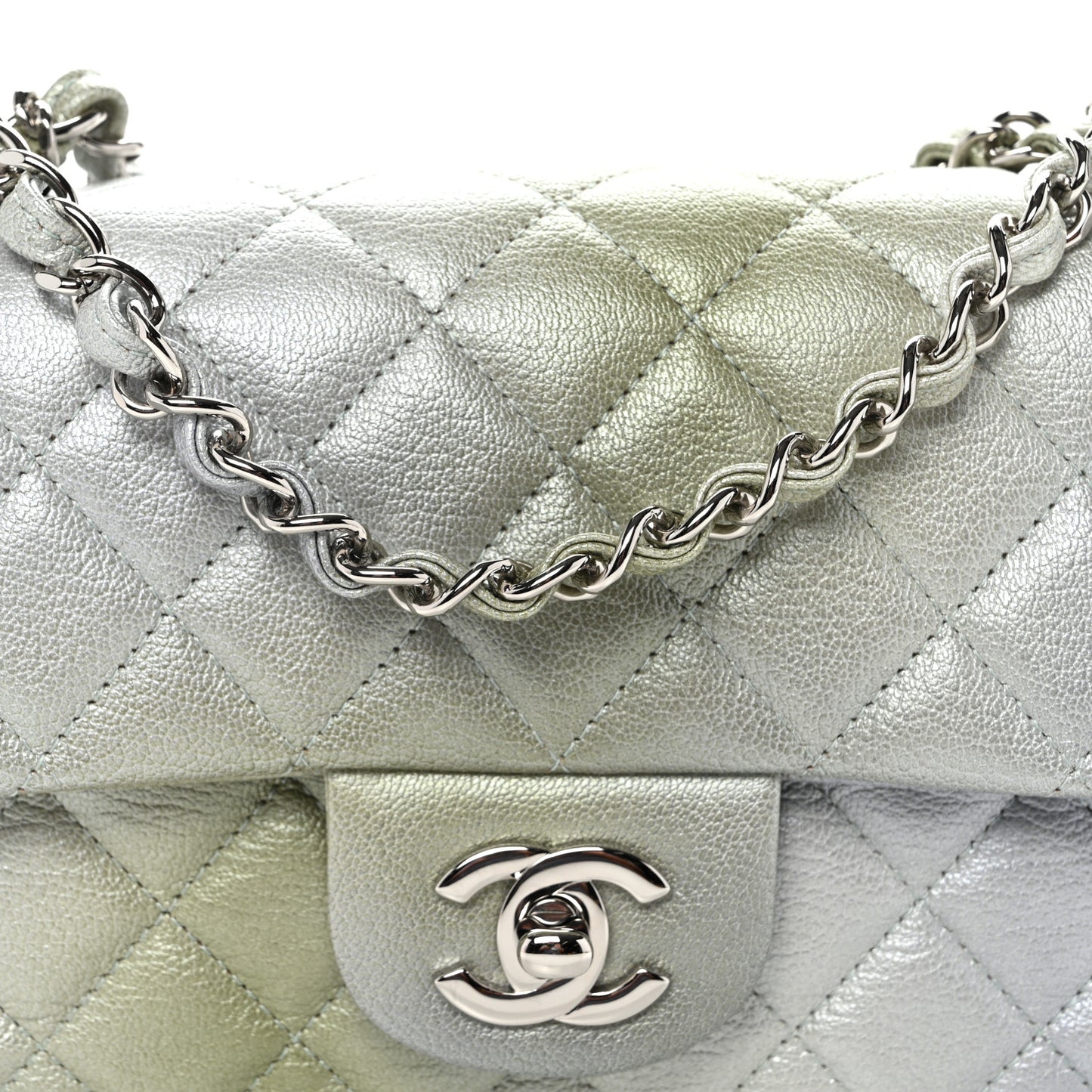 Metallic Goatskin Quilted Ombre Mini Rectangular Flap Grey Green