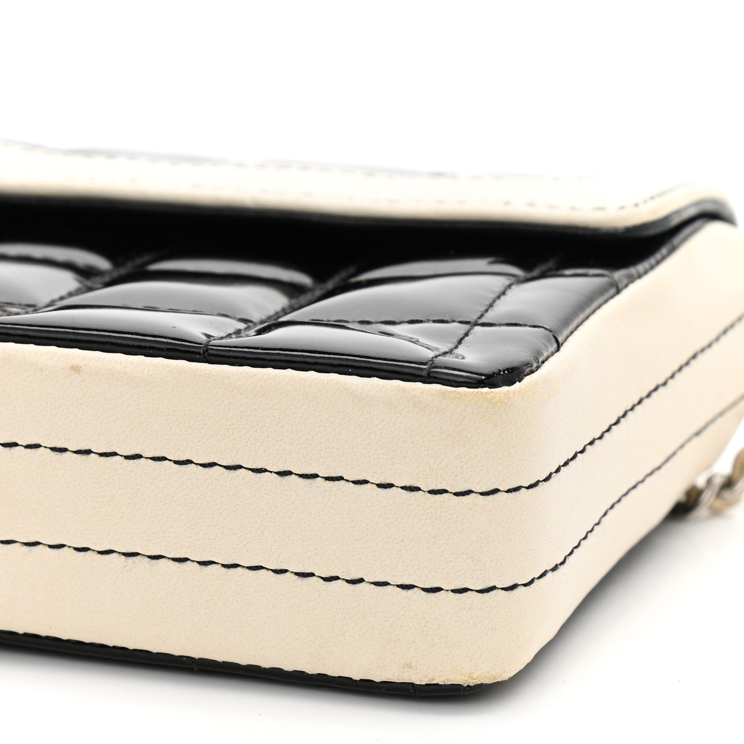 Patent Lambskin East West Chocolate Bar Flap Black White