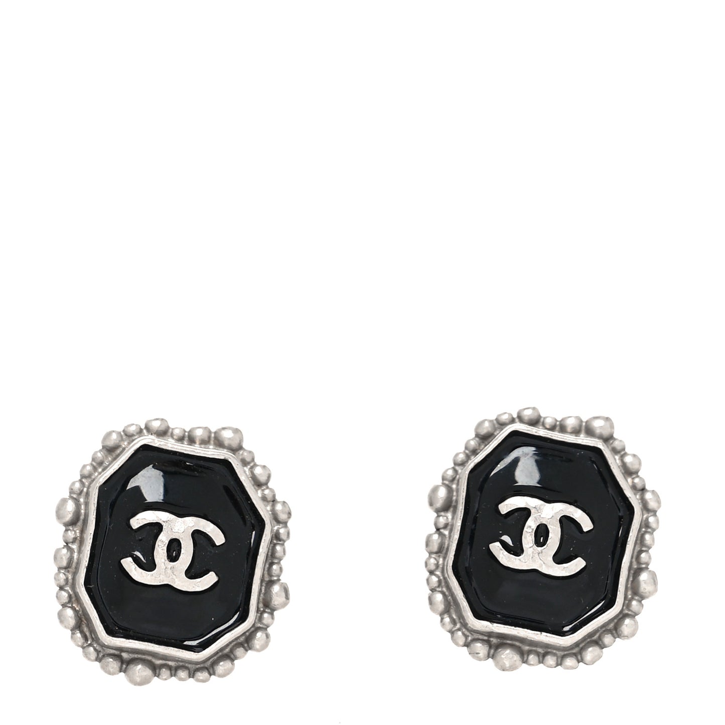 Enamel CC Clip On Earrings Black Silver
