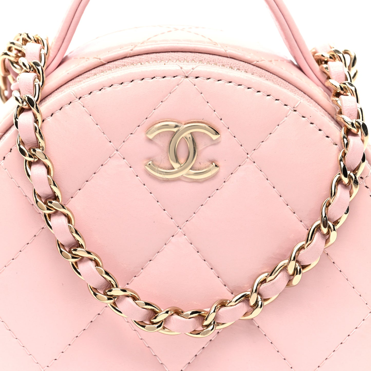 Lambskin Quilted Round Handle With Care Vanity With Chain Pink