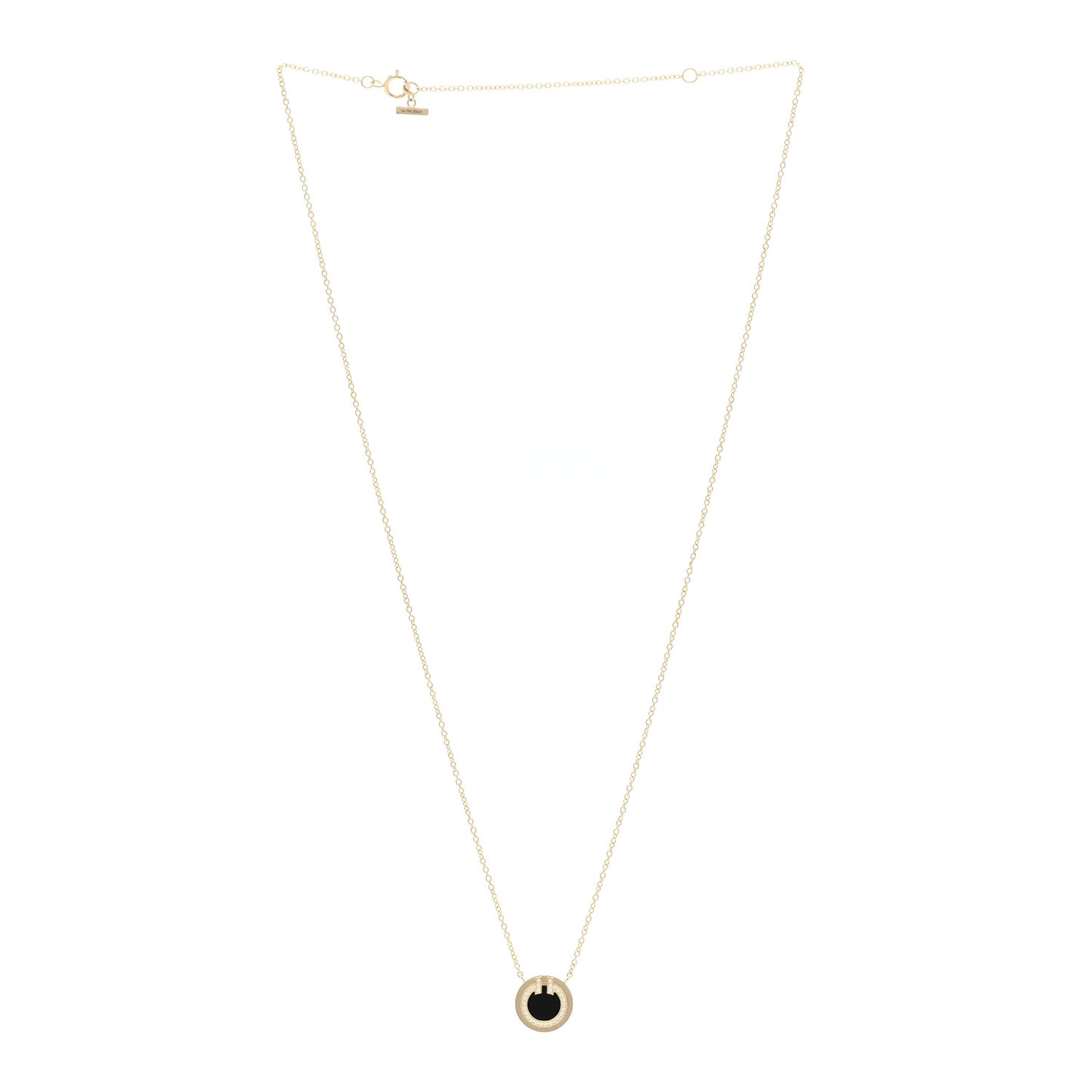 18K Yellow Gold Diamond Black Onyx Small T Circle Pendant Necklace