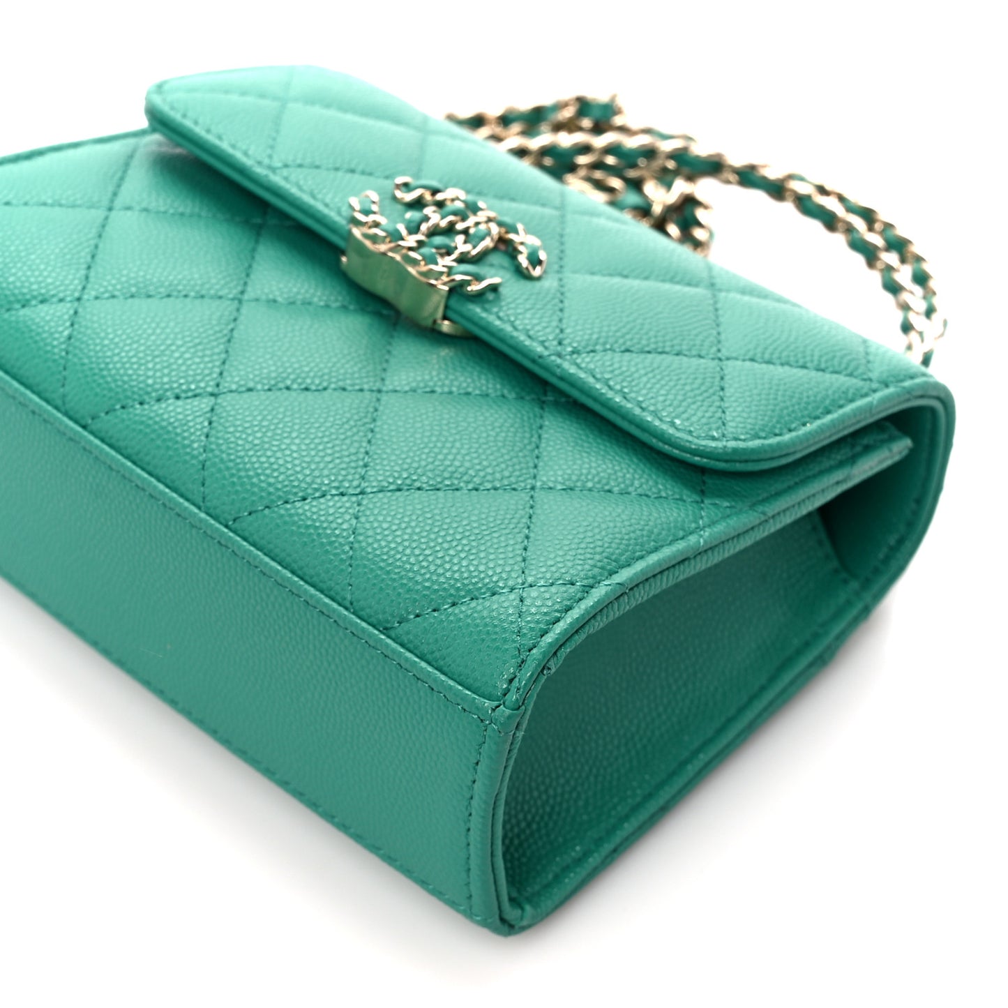 Caviar Quilted Double Chain Top Handle Flap With Chain Green