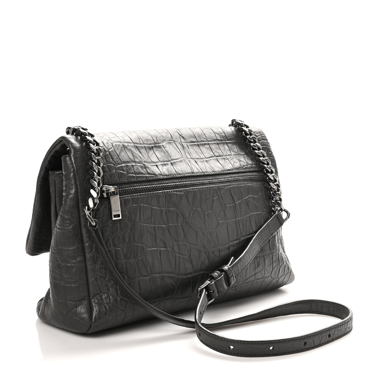Calfskin Crocodile Embossed Medium West Hollywood Monogram Fold-Over Grey