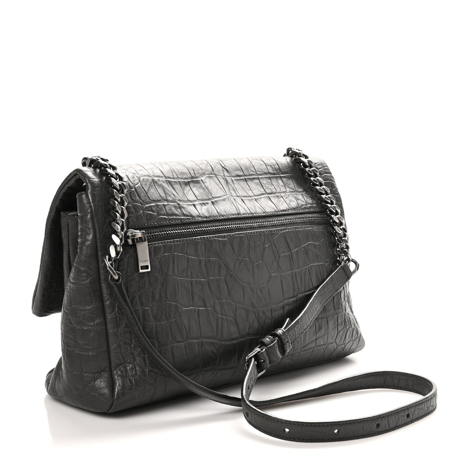 Saint Laurent Calfskin Crocodile Embossed Medium West Hollywood Monogram Fold-Over Grey 3 of 11