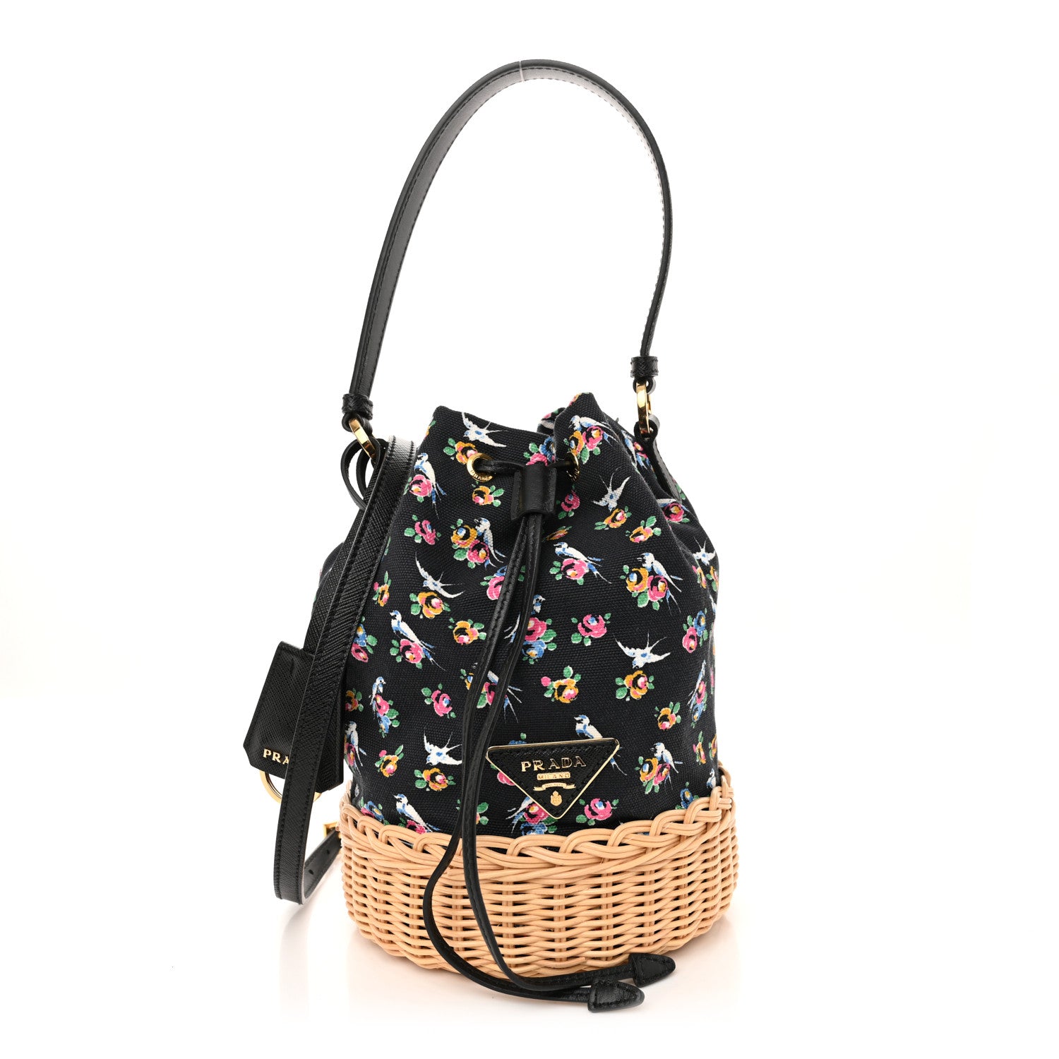 Prada Wicker Canvas Floral Print Bucket Bag Black Multicolor 1 of 12