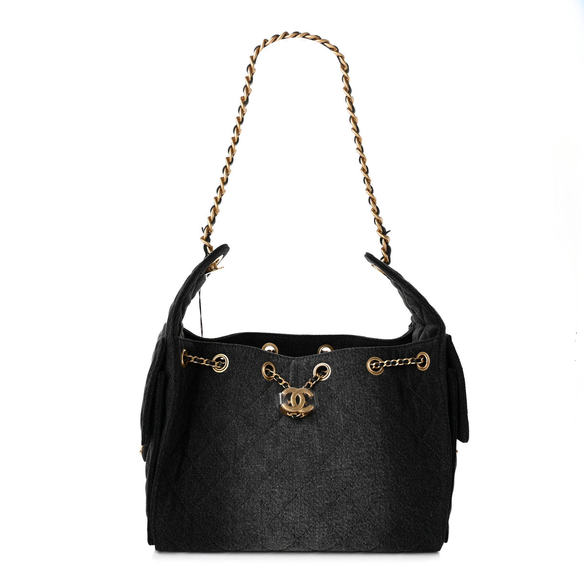 Washed Denim Quilted Small Chanel 25 Handbag Black