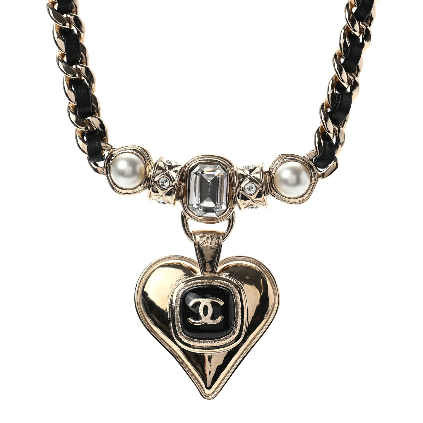Lambskin Crystal Pearl CC Heart Choker Gold Black
