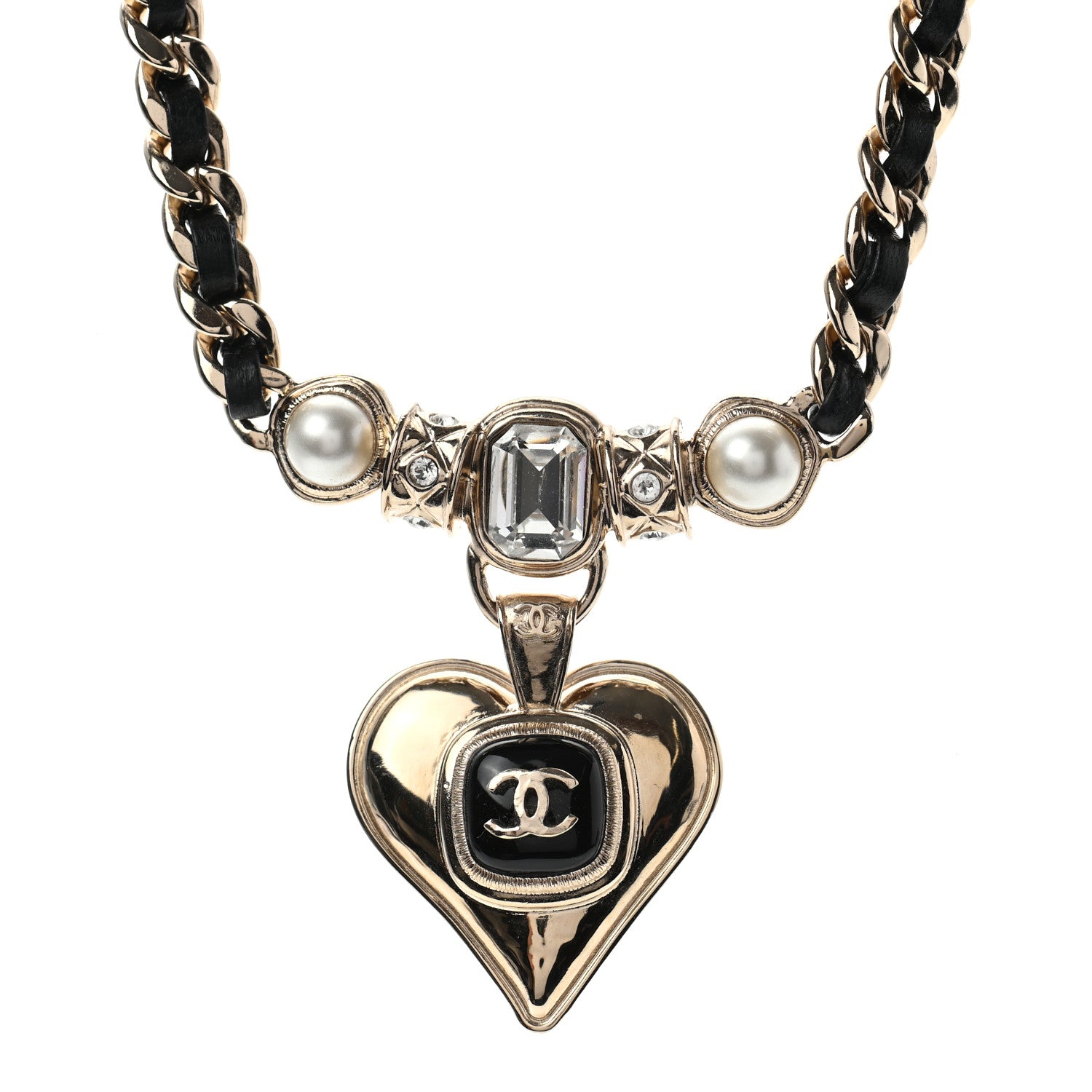 Chanel Lambskin Crystal Pearl CC Heart Choker Gold Black 1 of 6