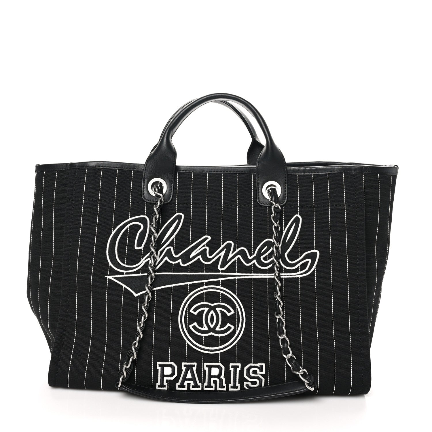 Chanel Canvas Calfskin Striped Medium Deauville Tote Black White 1 of 11