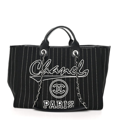 Chanel Canvas Calfskin Striped Medium Deauville Tote Black White 1 of 11