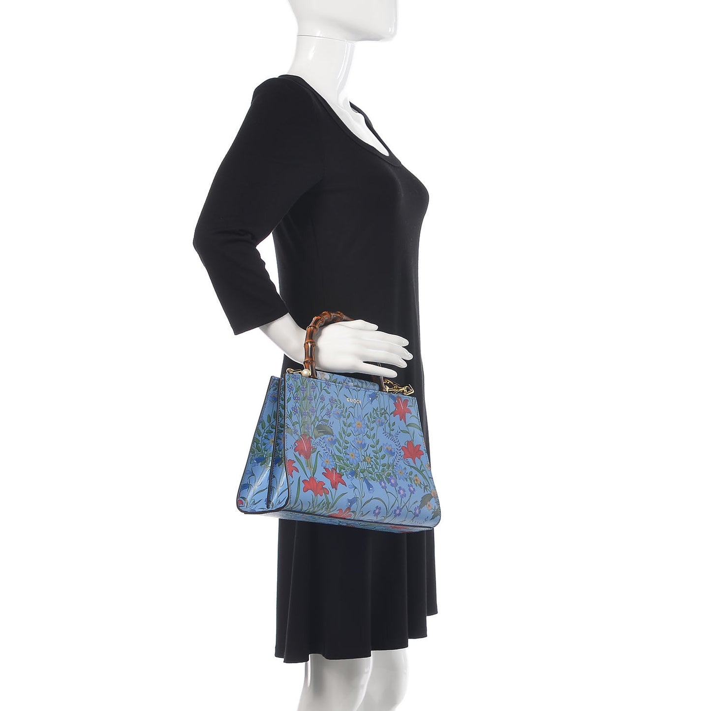 Calfskin Bamboo Web New Flora Small Nymphaea Top Handle Bag Azure