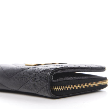 Saint Laurent Grain De Poudre Matelasse Chevron Monogram Compact Zip Around Wallet Black 7 of 9