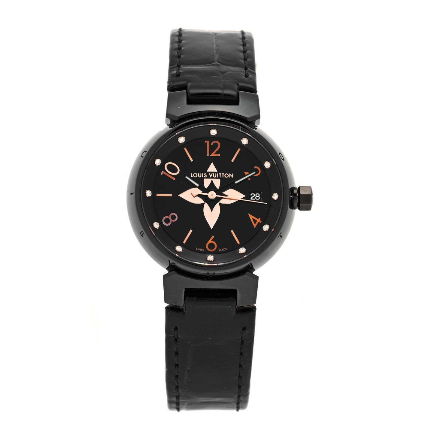 PVD Stainless Steel Alligator Diamond 28mm My LV Tambour Quartz Watch Black