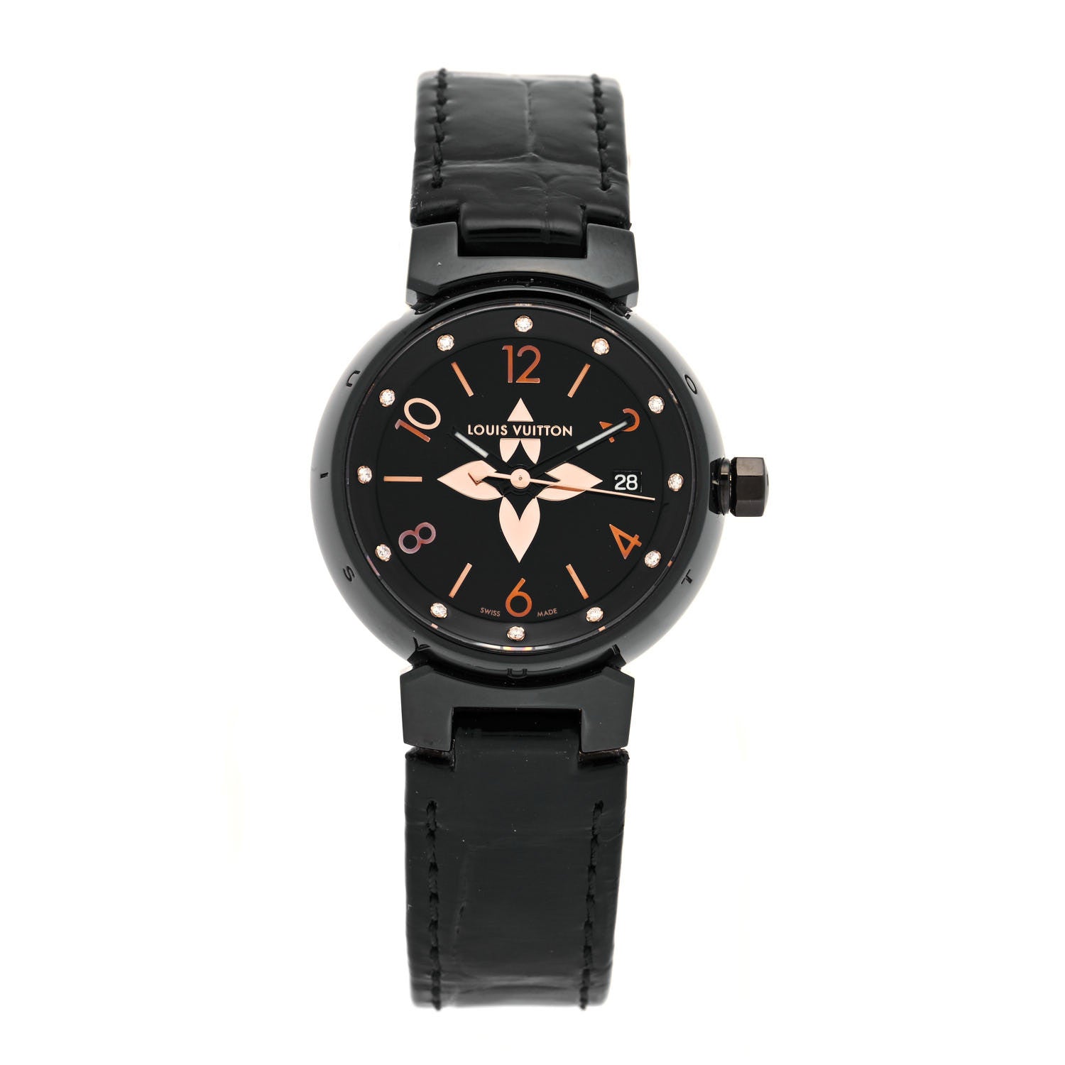 Louis Vuitton PVD Stainless Steel Alligator Diamond 28mm My LV Tambour Quartz Watch Black 1 of 5