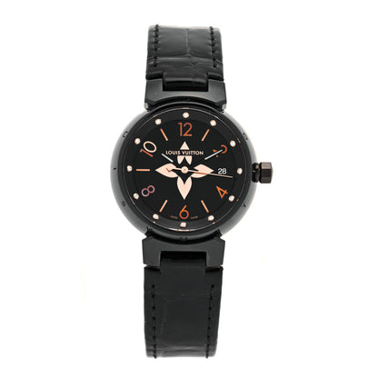 Louis Vuitton PVD Stainless Steel Alligator Diamond 28mm My LV Tambour Quartz Watch Black 1 of 5