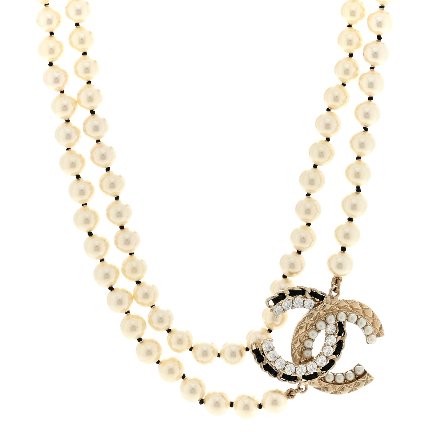 Pearl Crystal Lambskin CC Long Necklace Gold Black