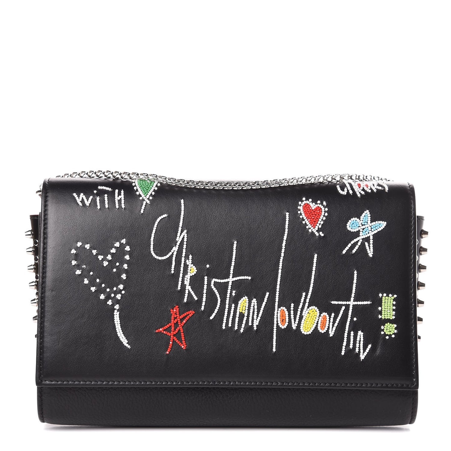 Calfskin Beaded Loubitag Paloma Clutch Black