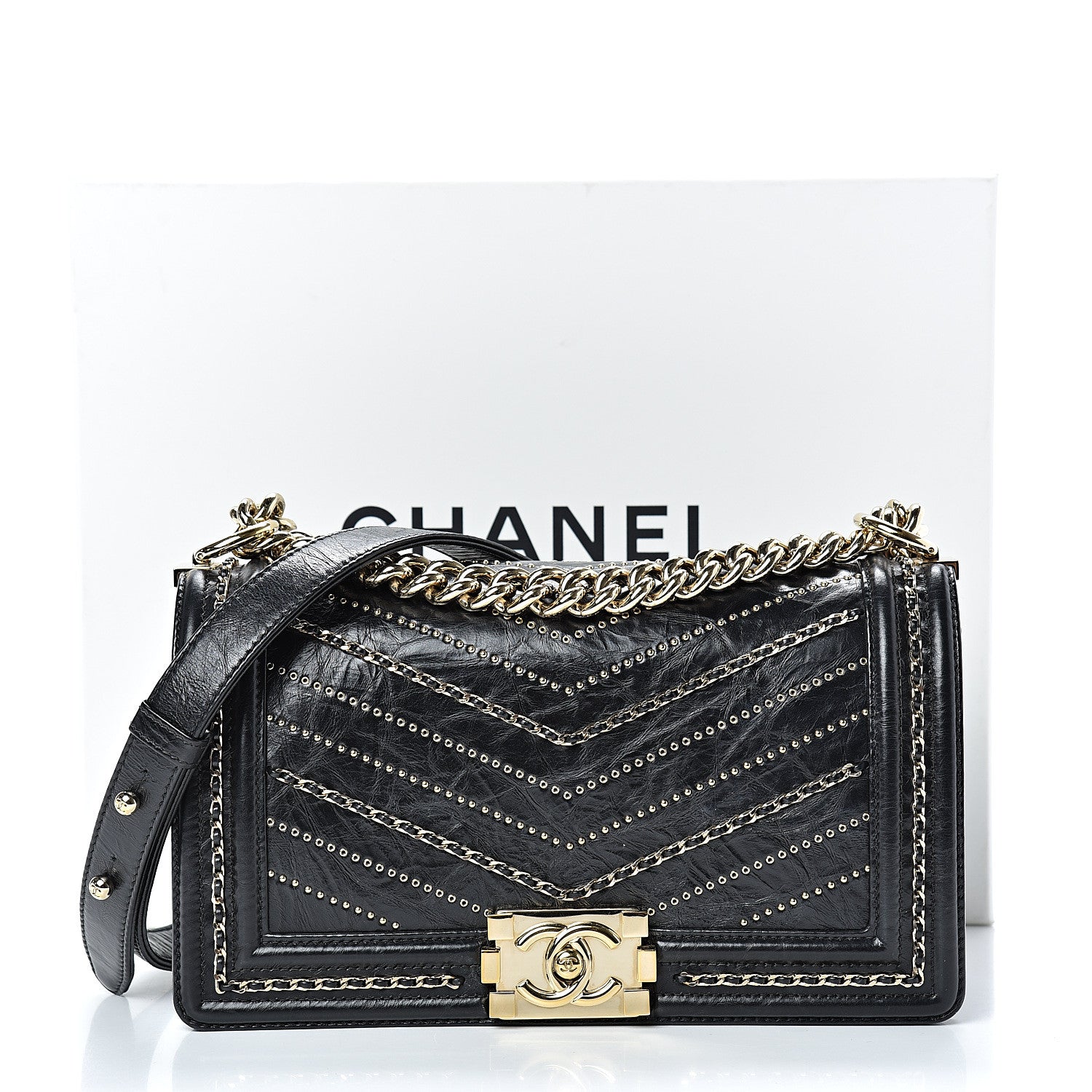 Chanel Crumpled Calfskin Chevron Chain Medium Boy Flap Black 11 of 11
