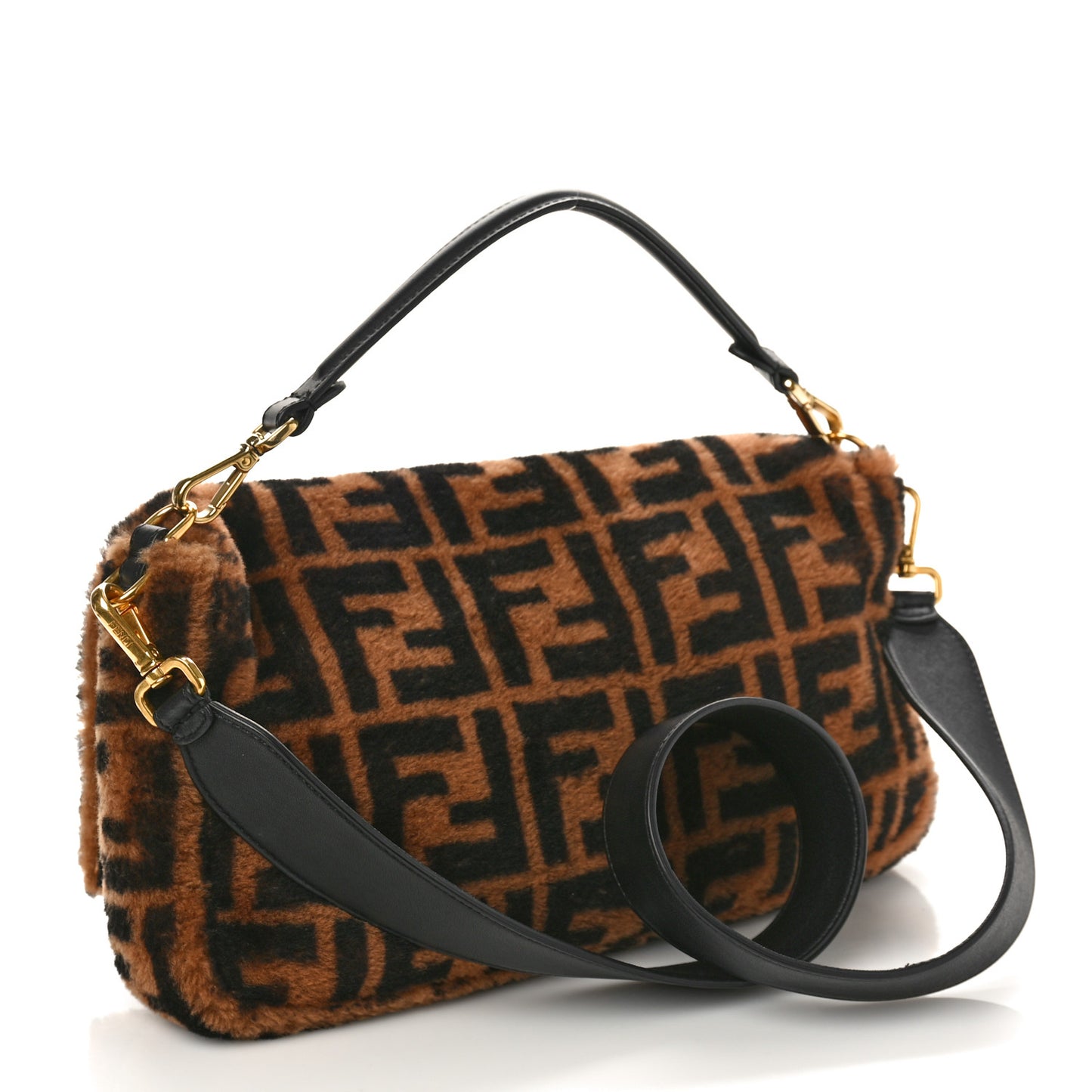 Shearling Vitello Dolce Macro FF 1974 Large Baguette Tobacco Black