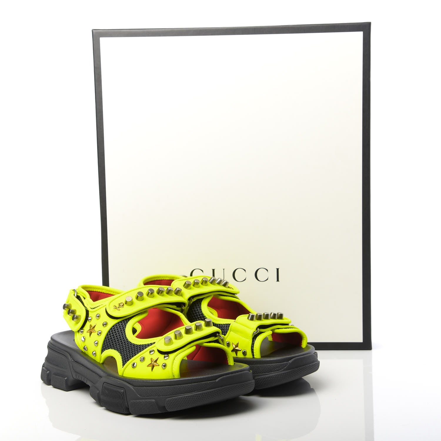 Gucci Technical Canvas Calfskin Studded Mens Aguru Sandals 8 Neon Yellow 7 of 7