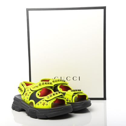 Gucci Technical Canvas Calfskin Studded Mens Aguru Sandals 8 Neon Yellow 7 of 7