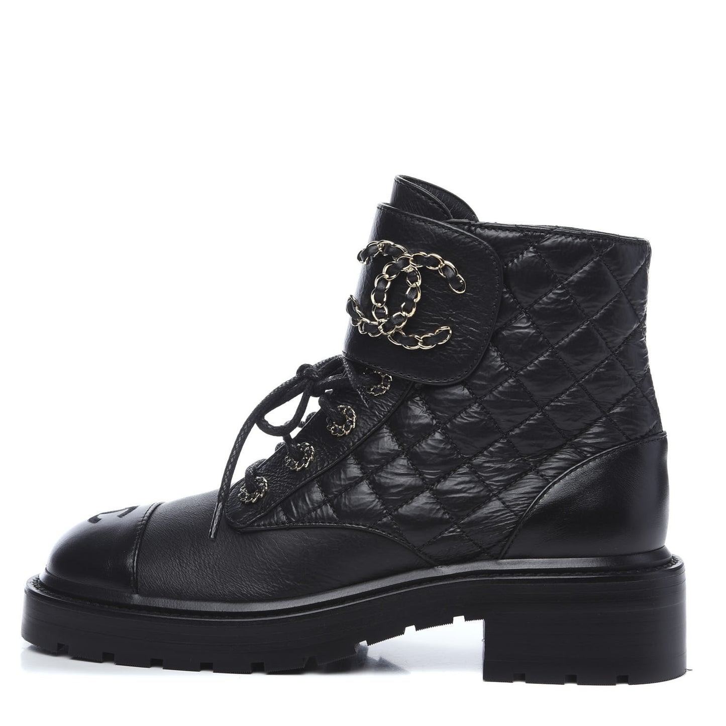 Shiny Goatskin Calfskin Quilted Lace Up Combat Boots 37.5 Black