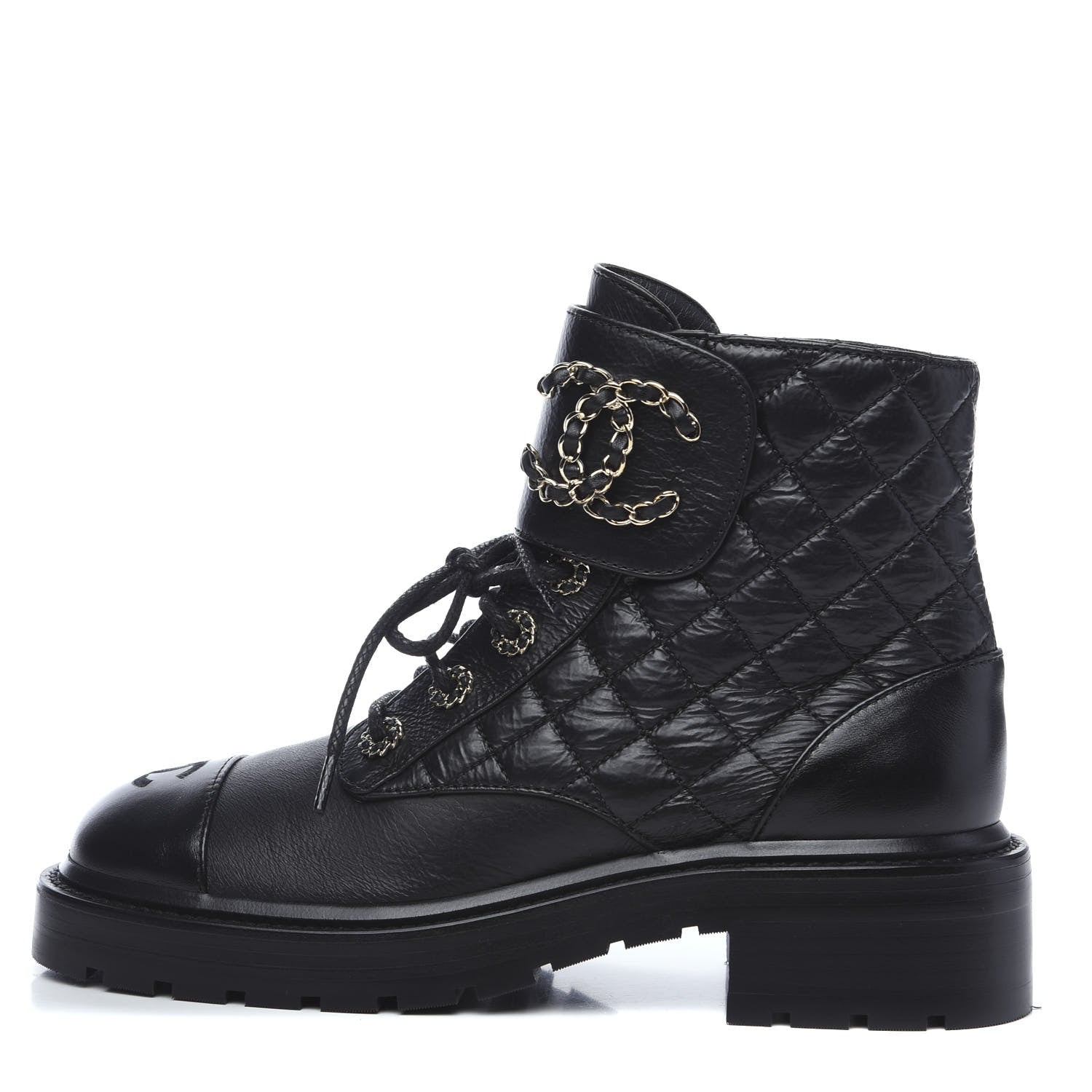 Chanel Shiny Goatskin Calfskin Quilted Lace Up Combat Boots 37.5 Black 1 of 9