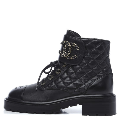 Chanel Shiny Goatskin Calfskin Quilted Lace Up Combat Boots 37.5 Black 1 of 9
