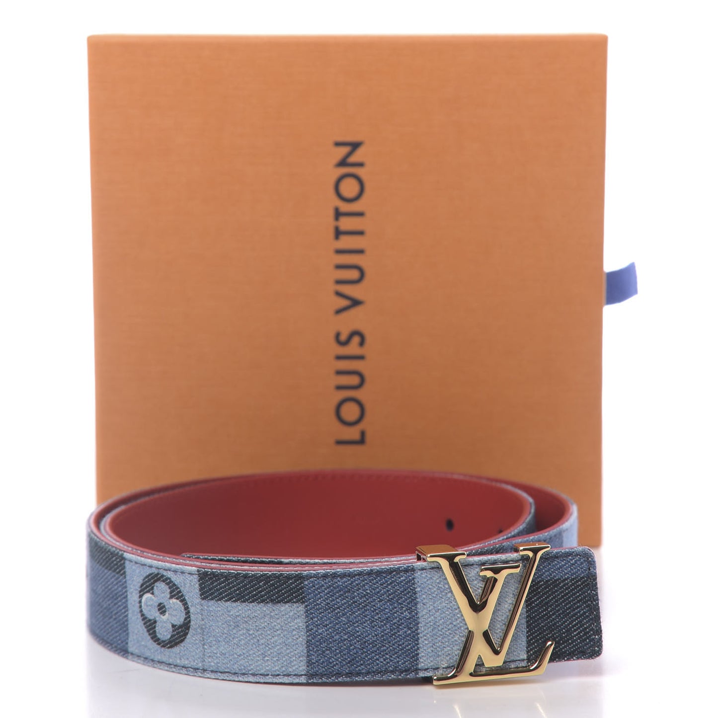 Denim Damier Monogram Patchwork 30mm Iconic Reversible Belt 80 32 Blue Rouge