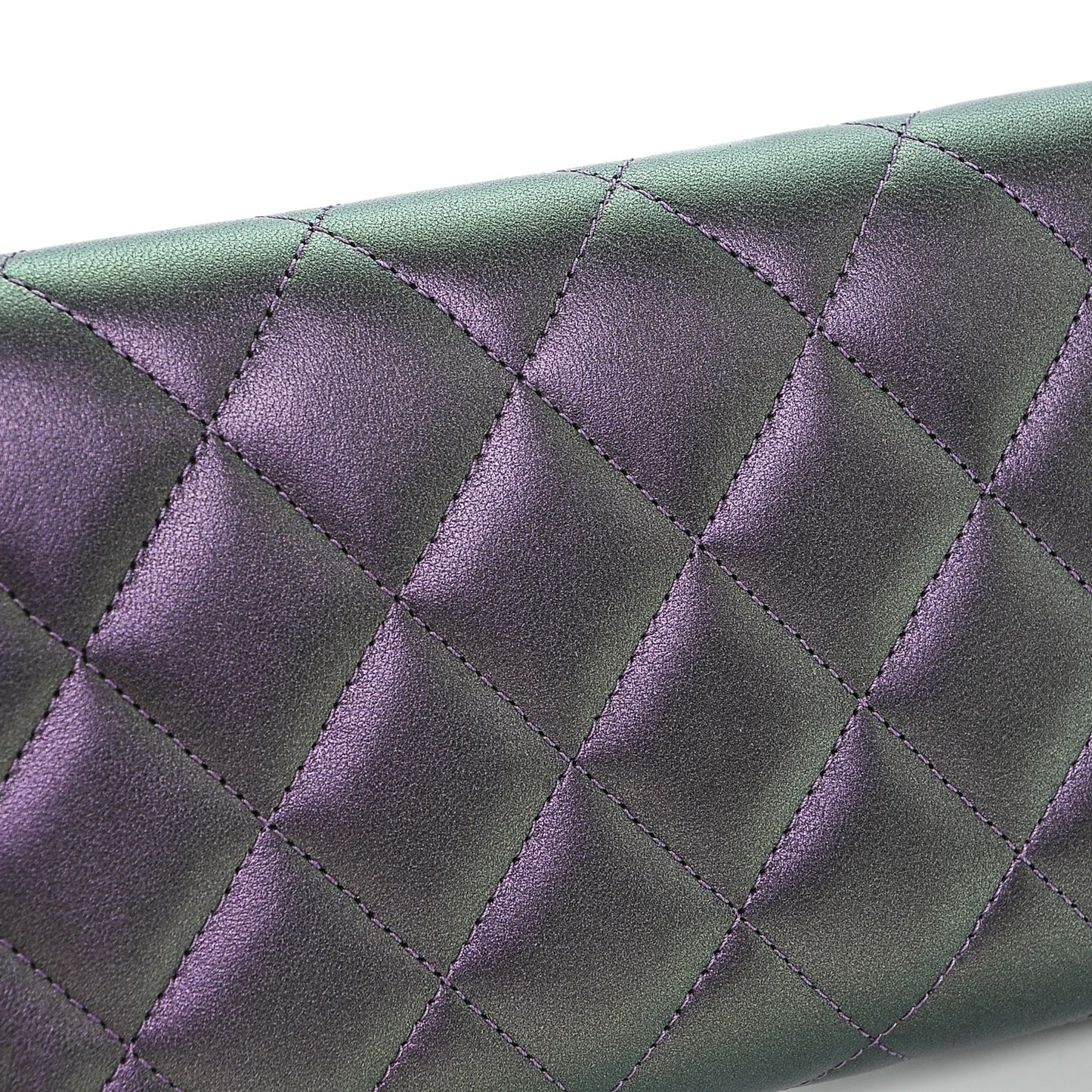 Iridescent Lambskin Quilted Large Gusset Flap Wallet Purple