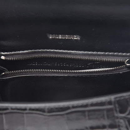 Balenciaga Shiny Calfskin Monochrome Crocodile Embossed Small Hourglass Top Handle Bag Black 7 of 12