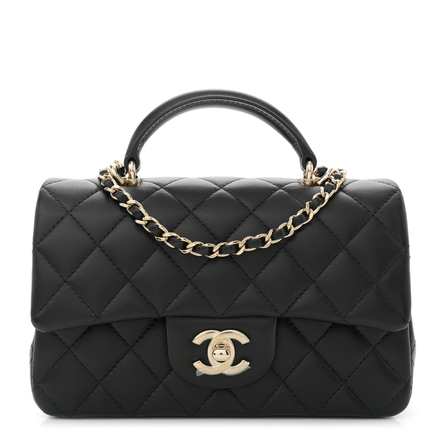Lambskin Quilted Mini Top Handle Rectangular Flap Black