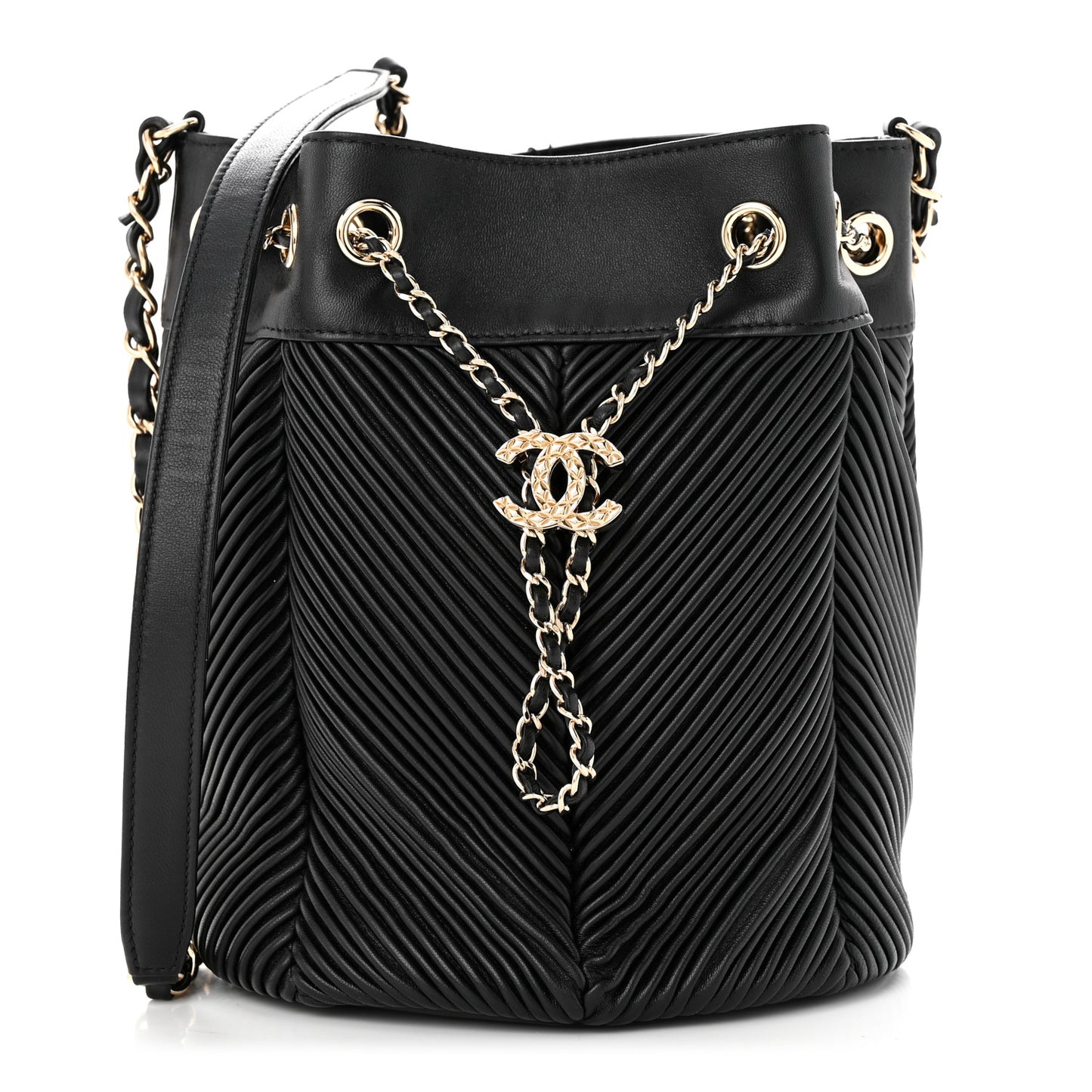 Lambskin Chevron Drawstring Bag Black