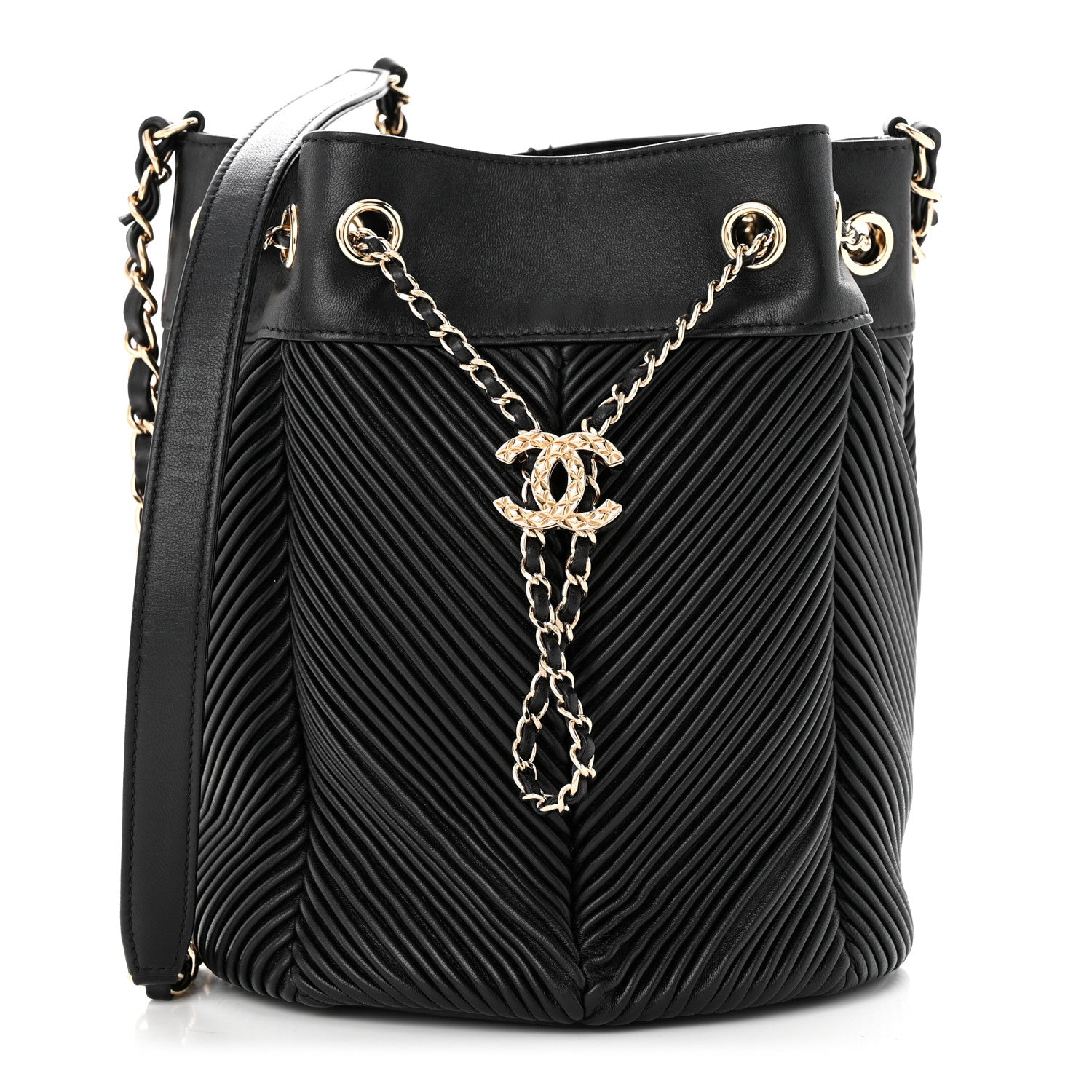 Chanel Lambskin Chevron Drawstring Bag Black 1 of 10