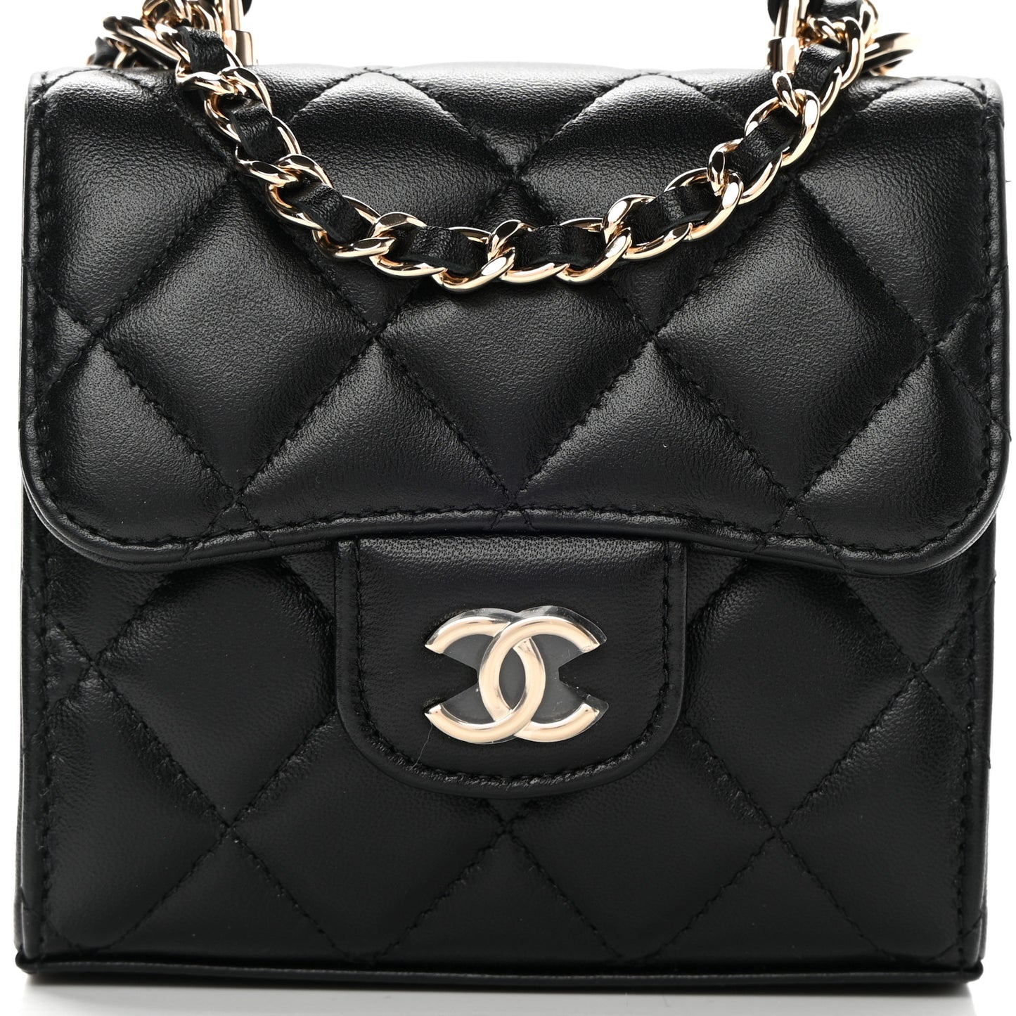 Lambskin Quilted Top Handle Flap Clutch With Chain Black