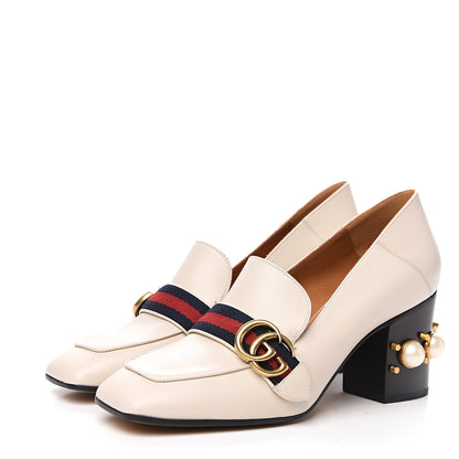 Gucci Betis Glamour Calfskin Web Pearl Embellished Peyton 75mm Loafer Pumps 39.5 Mystic White 3 of 9