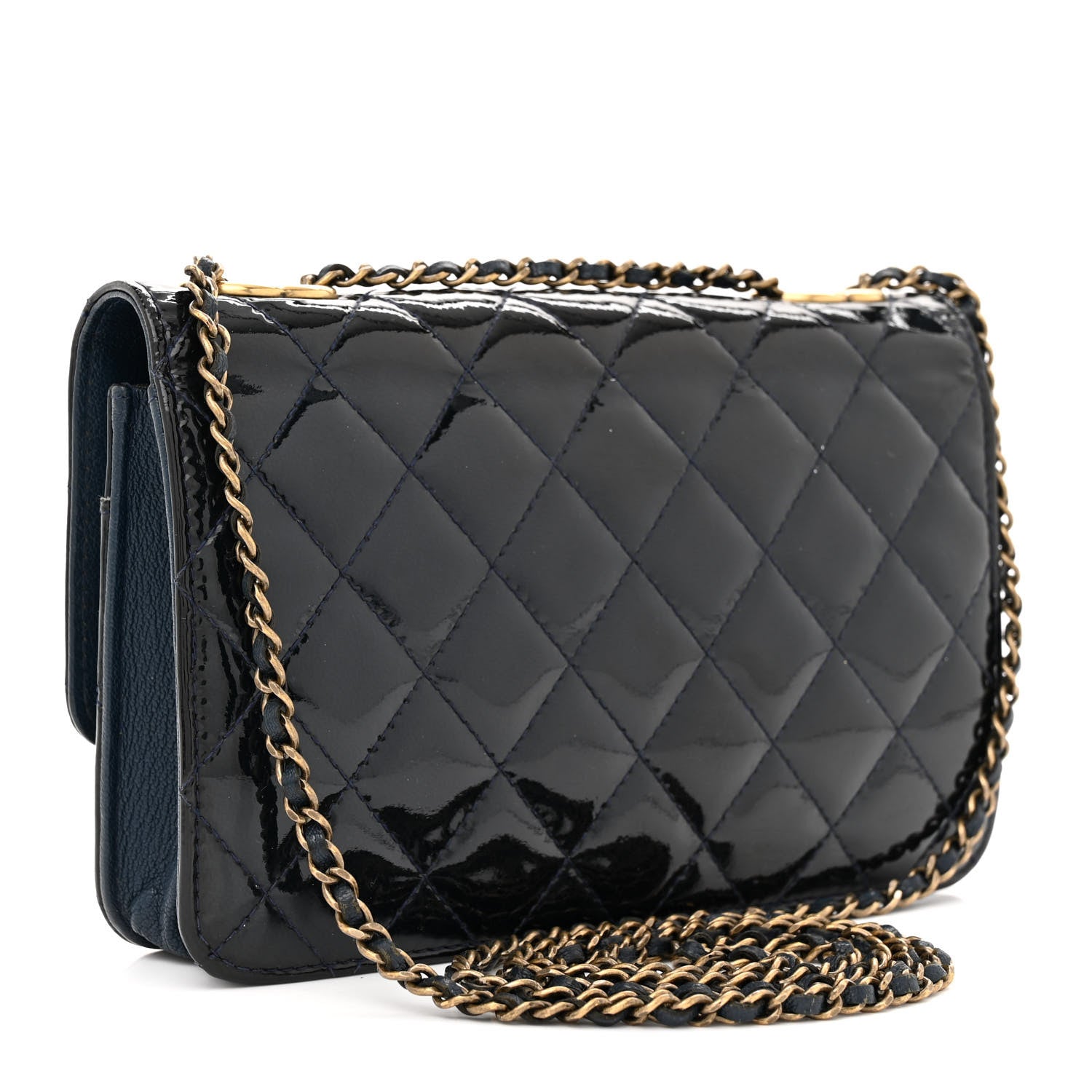Chanel Patent Goatskin Quilted CC Eyelet Wallet On Chain WOC Blue 3 of 11