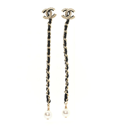 Chanel Lambskin Chain Crystal Pearl CC Drop Earrings Gold 1 of 5