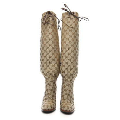 Gucci Monogram Lisa Mid Heel Boots 36.5 Beige Ebony 2 of 7