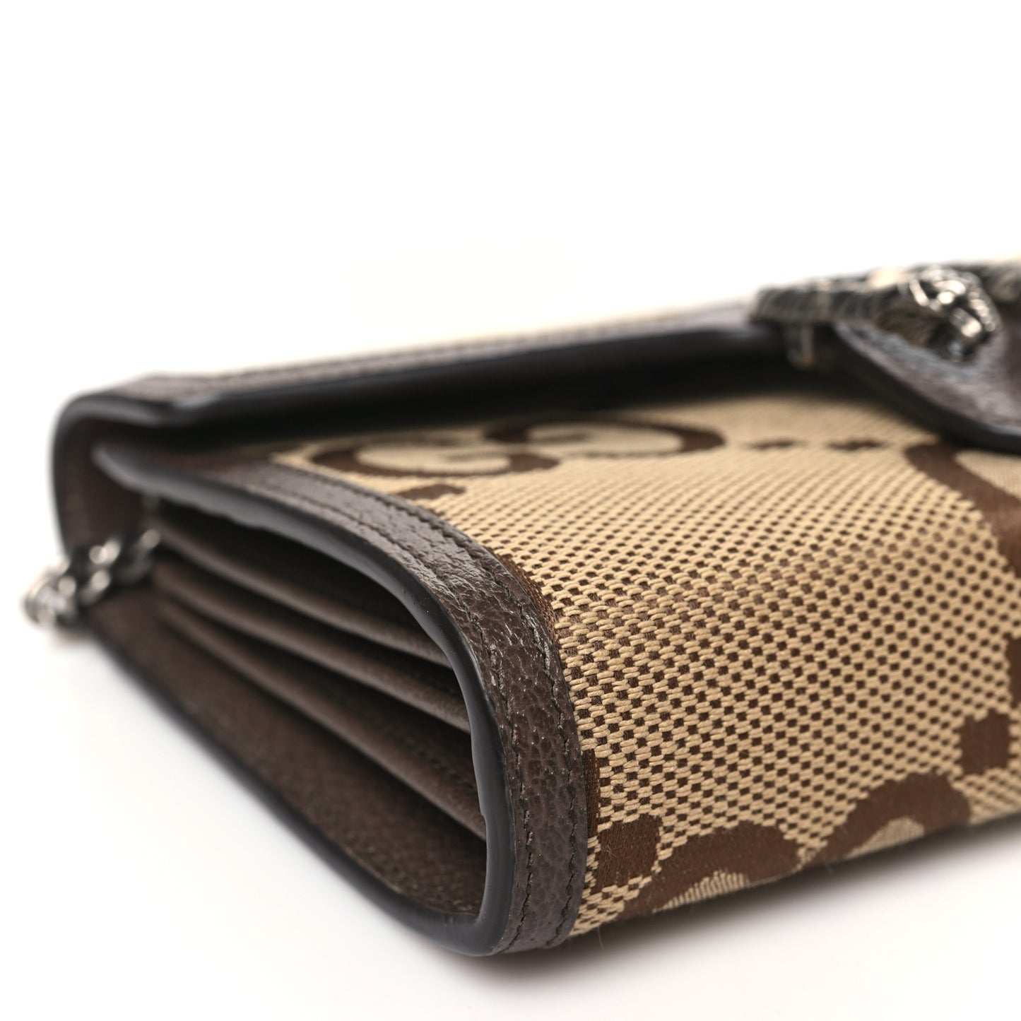 Monogram Jumbo GG Textured Dollar Calfskin Mini Dionysus Chain Wallet Camel Ebony New Acero