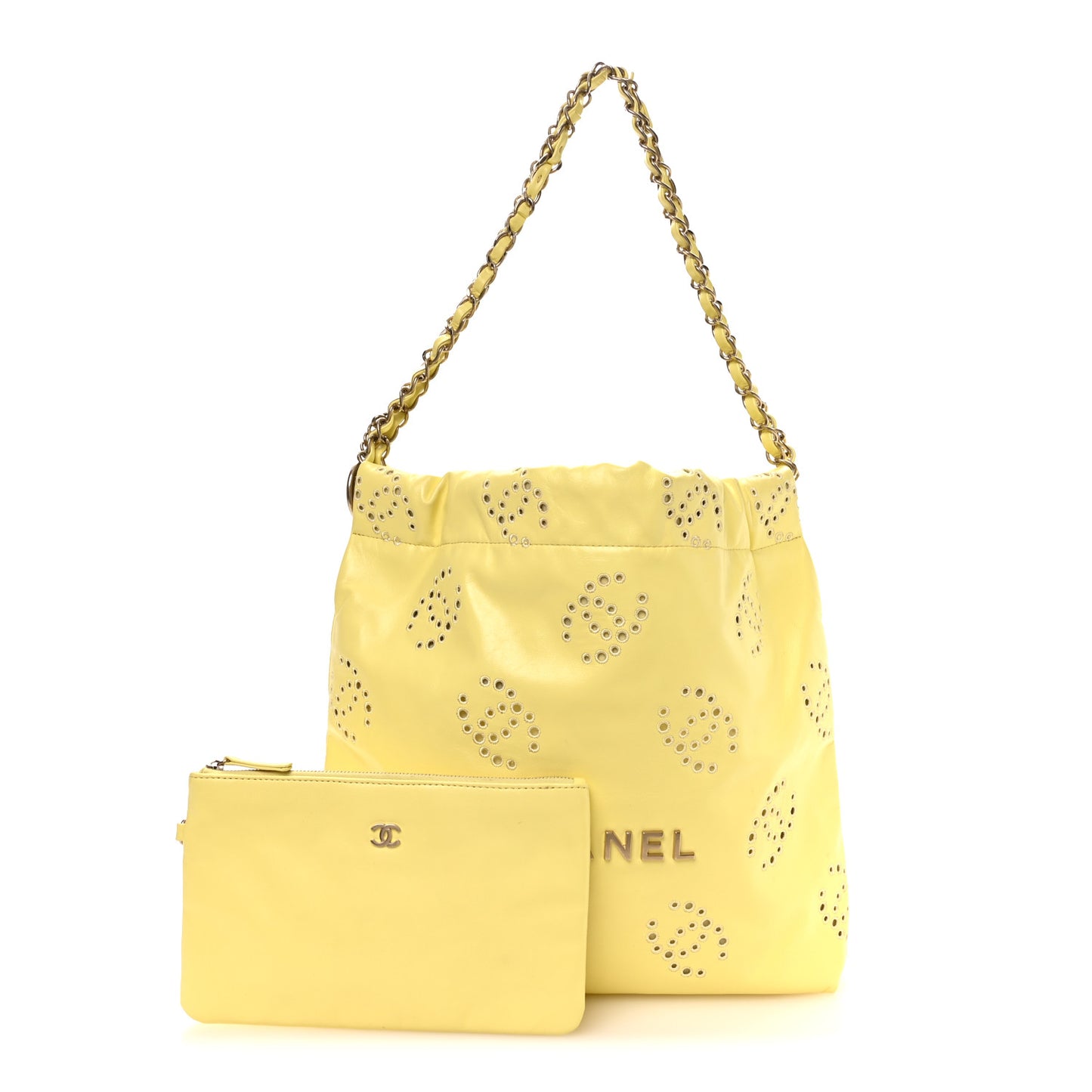 Shiny Calfskin Eyelet CC Small Chanel 22 Light Yellow