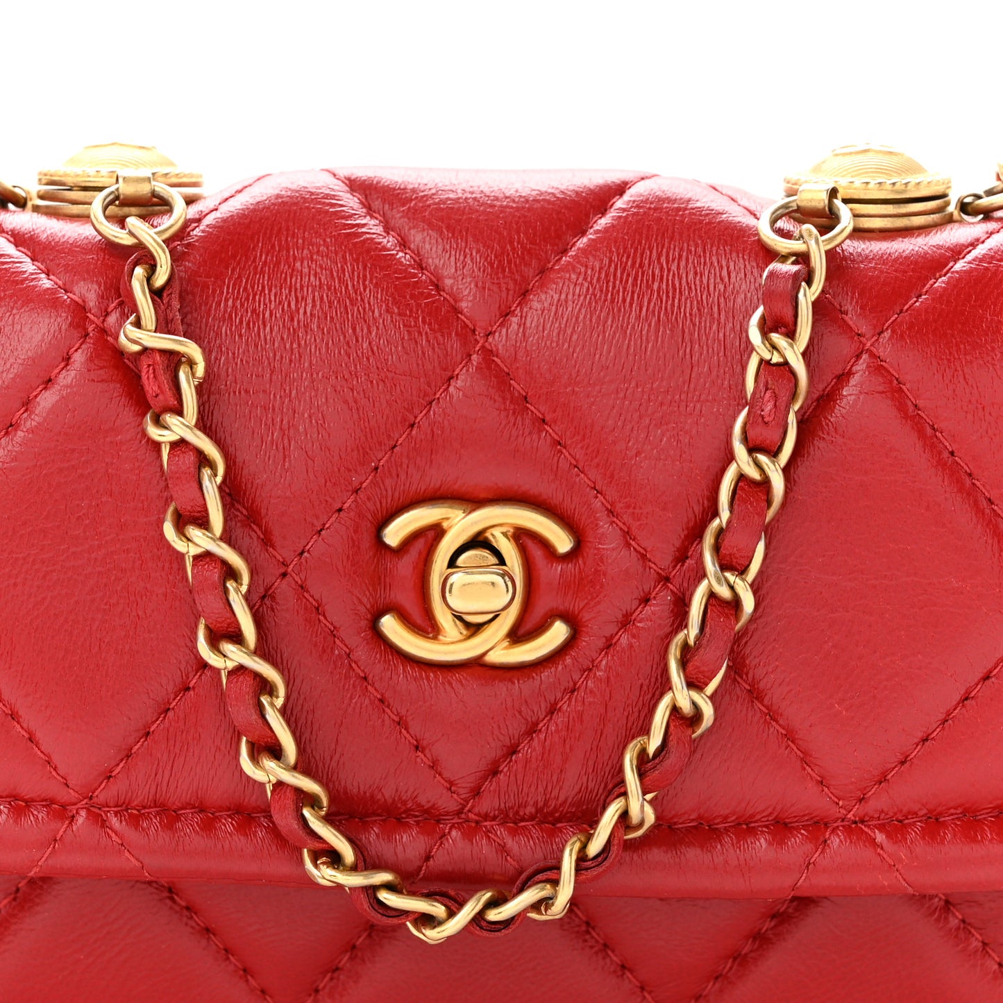 Shiny Lambskin Quilted Extra Mini Flap Red