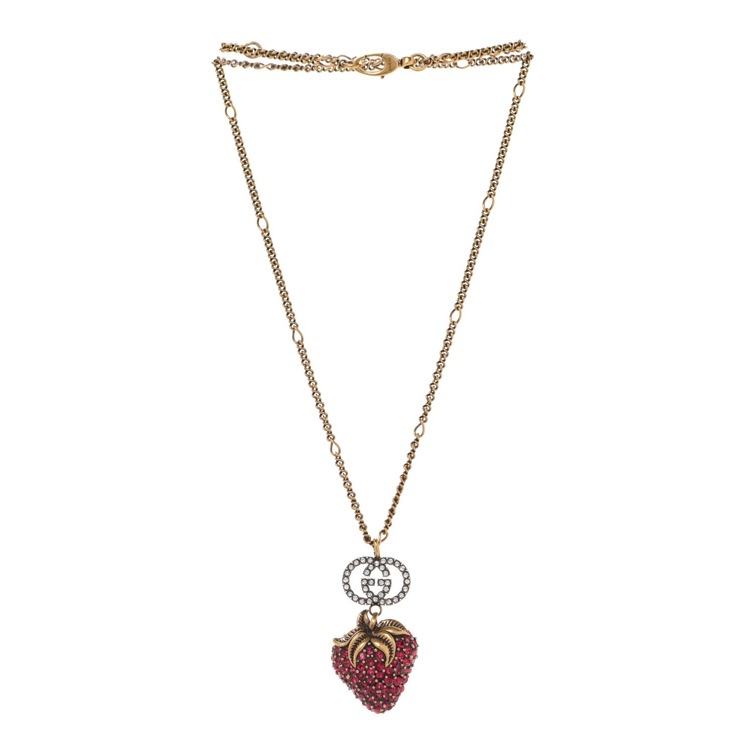 Gucci Crystal Embellished Strawberry Necklace Red Aged Gold 3 of 7