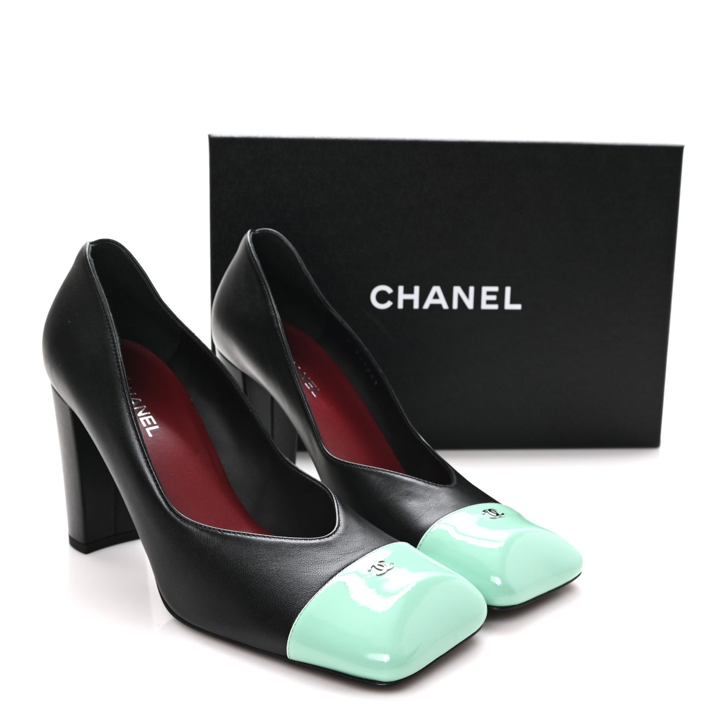 Lambskin Patent Calfskin Cap Toe Pumps 40 Black Green
