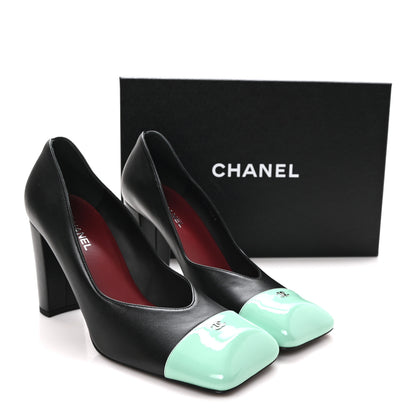 Chanel Lambskin Patent Calfskin Cap Toe Pumps 40 Black Green 10 of 10